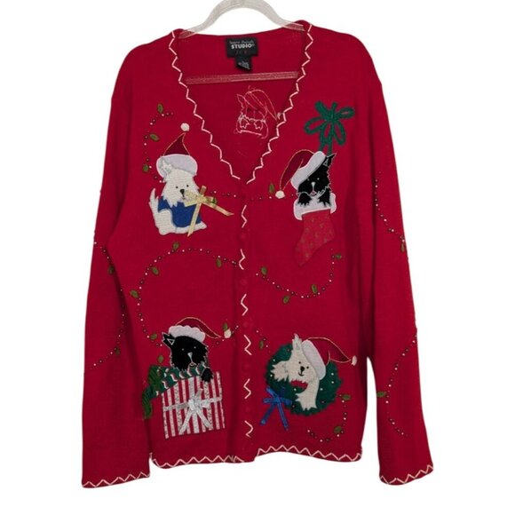 Studio Joy Dog Christmas Cardigan Womens Size Large Red Beaded Sweater - Picture 1 of 14
